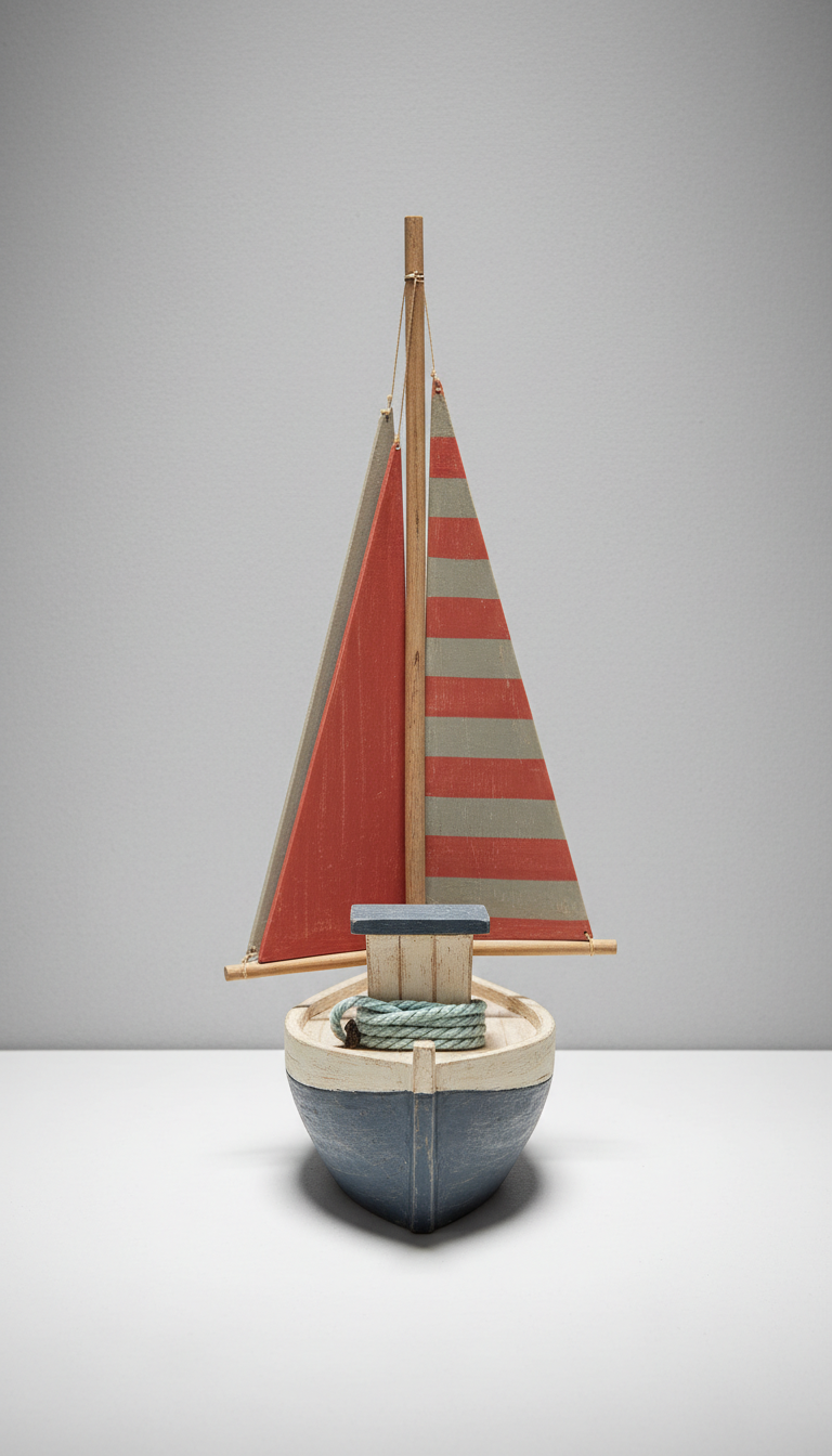 Hand-Carved Wooden Sailboat With Weathered Hull