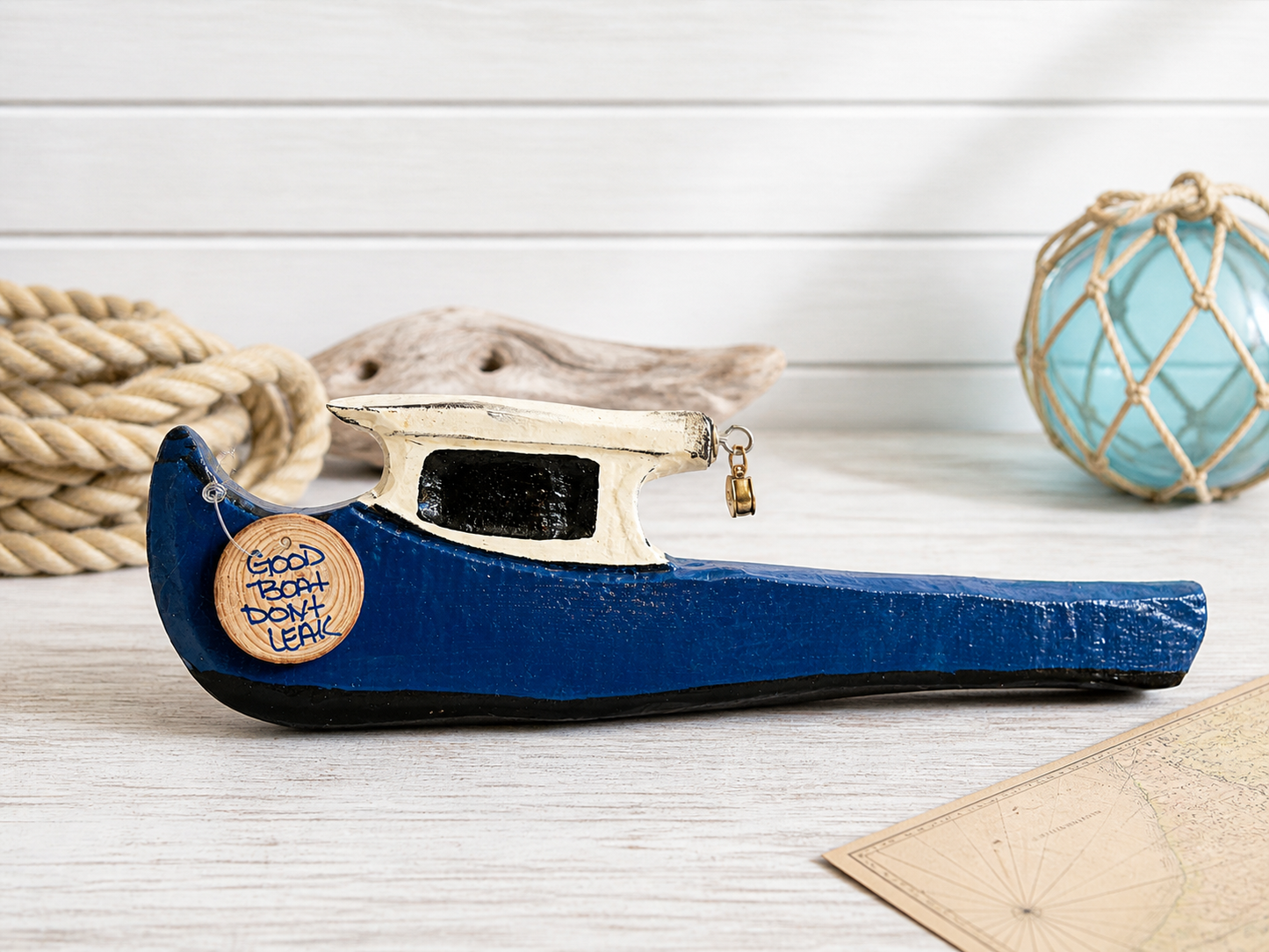 Live edge carved Blue 17" Maine Lobster Boat