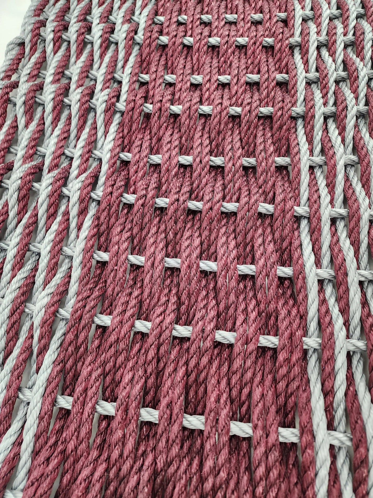 Large Burgundy Red and Light Gray Lobster Rope Mat made with Lobster Rope, Double Weave, Vibrant, Long Lasting Durable
