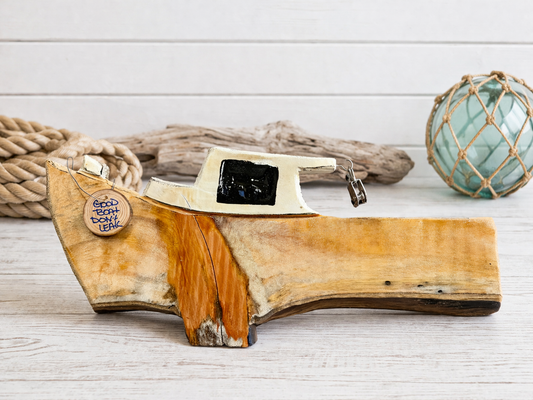 Live edge carved Natural Oak 26" Maine Lobster Boat