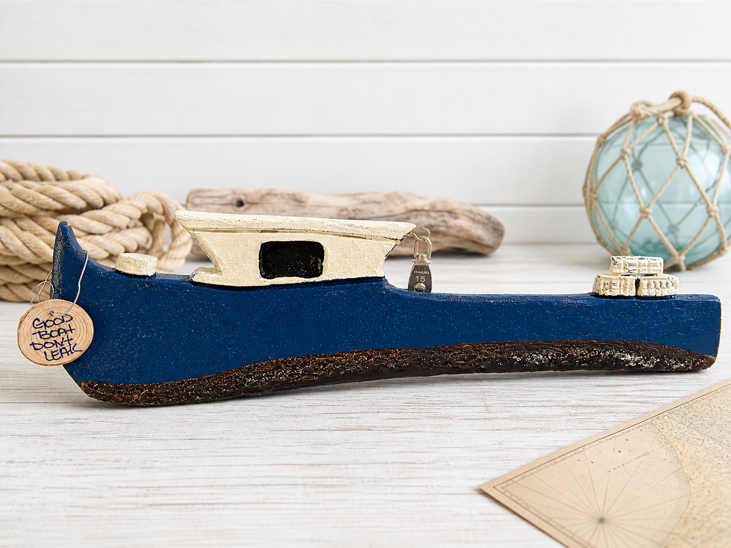 Live edge carved Blue 26" Maine Lobster Boat