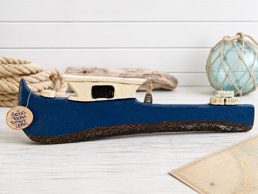 Live edge carved Blue 26" Maine Lobster Boat