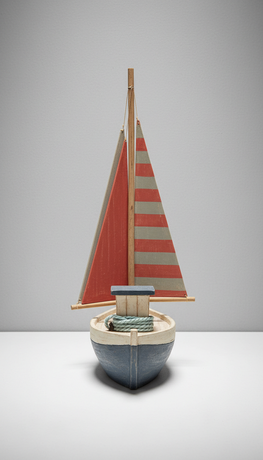 Hand-Carved Wooden Sailboat With Weathered Hull