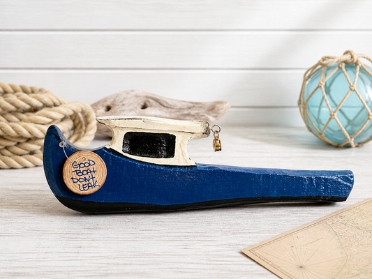 Live edge carved Blue 17" Maine Lobster Boat