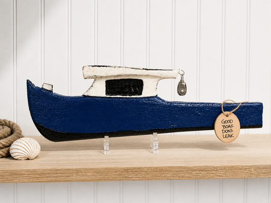 Live edge carved 21.5" Blue Maine Lobster Boat