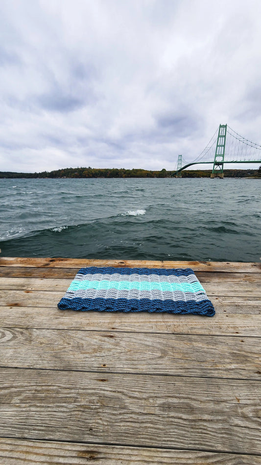 Five Stripe Rope Mat made with Lobster Rope Navy, Light gray and seafoam