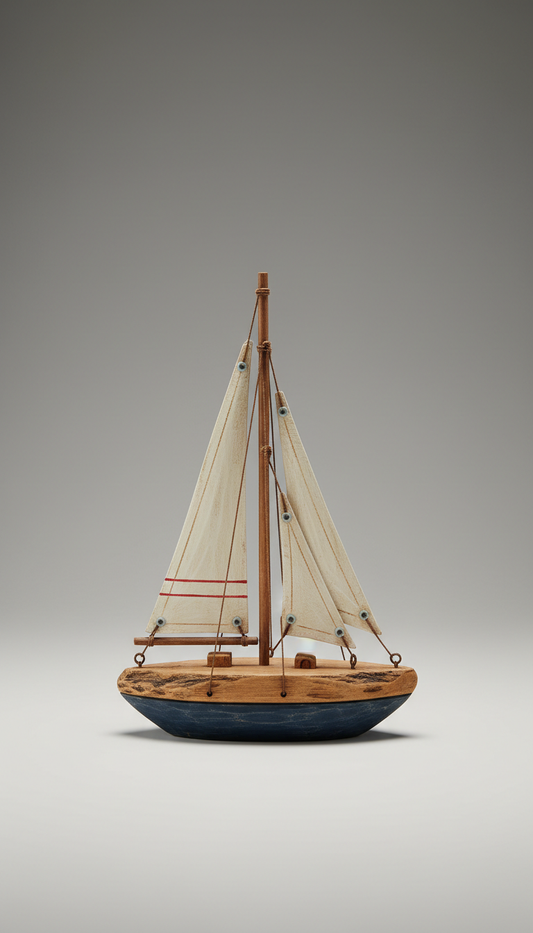 Live-edge wooden sailboat sculpture
