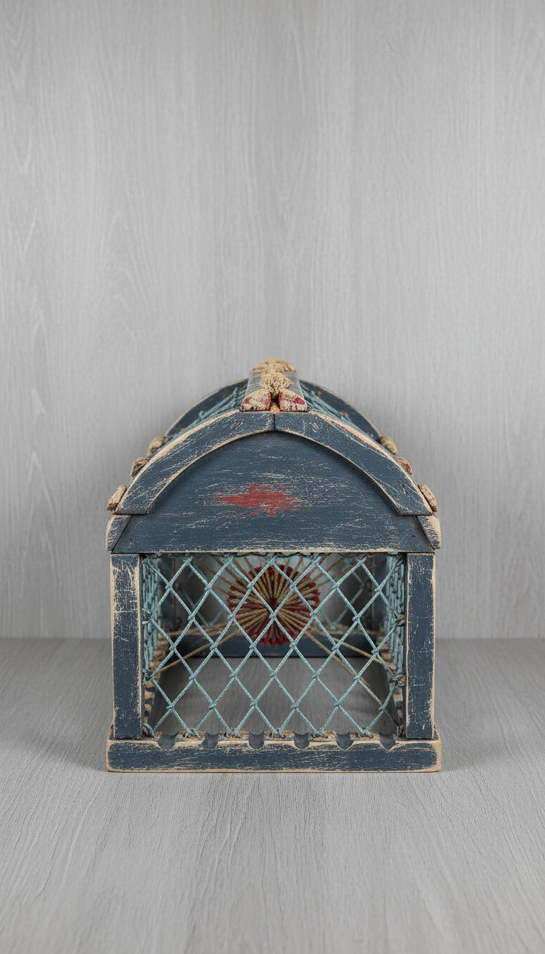 Hand-carved lobster trap décor piece